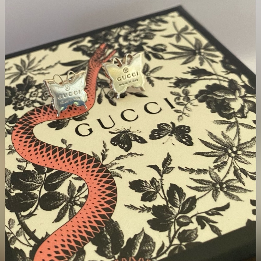 Authentic GUCCI Sterling Silver Trademark Butterfly Stud Earrings